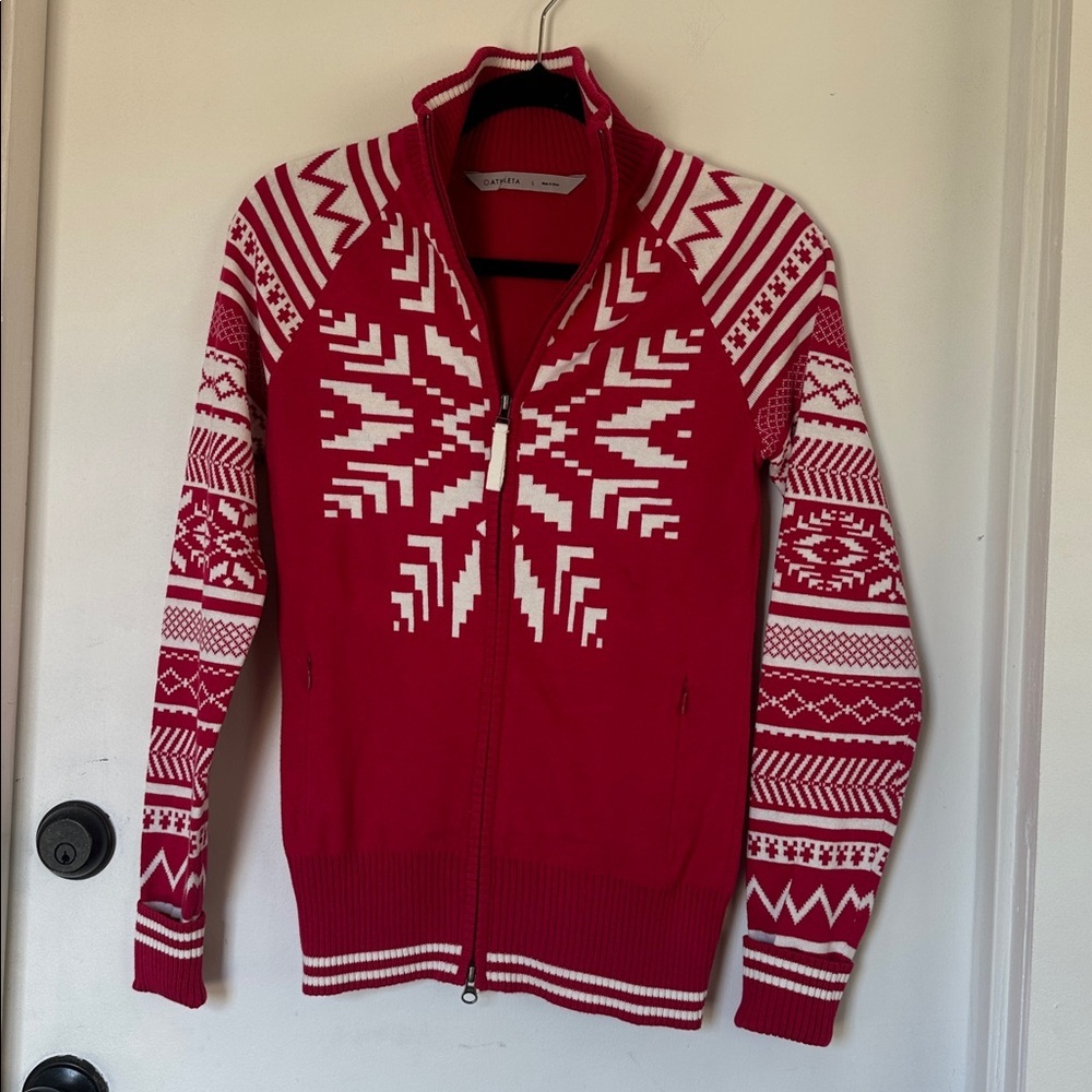 Athleta Pink White Snowflake Zip Up Stand Collar Tight Knit Cardigan Sweater S